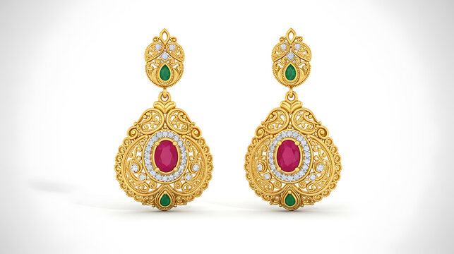 Ornate gold dangle earrings with emeralds and diamonds, Indian style