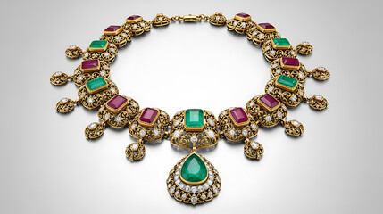 Obraz premium Exquisite gold necklace with emeralds, rubies, and diamonds