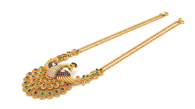 Exquisite gold peacock necklace with diamonds and emeralds, Indian jewelry