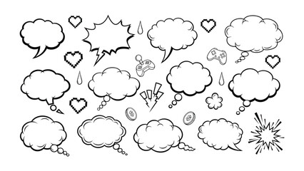 Comic Speech Bubbles Collection: A vibrant collection of comic book speech bubbles, hearts, gamepads and related elements. © azizunnahar