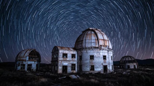 Abandoned observatory under night sky full of stars, decaying building at night.