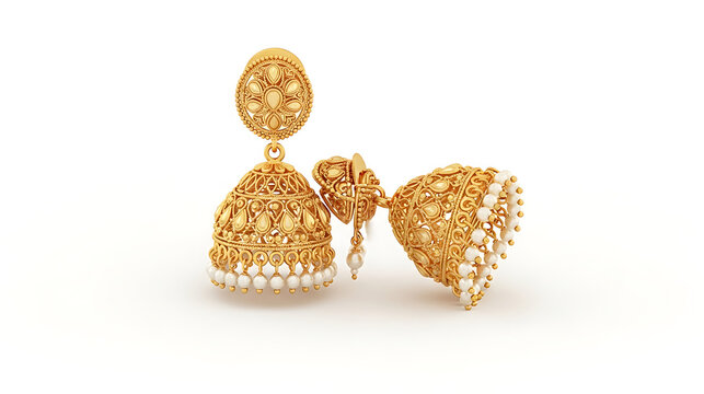 Elegant Gold Jhumka Earrings with Pearls - Indian Traditional Jewelry