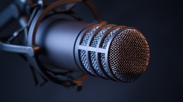 Professional microphone close up on dark background with textured grille