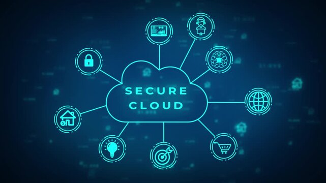 A luminous neon blue cloud symbolizing secure cloud computing with the word SECURE inside connected to digital for data analysis user management and network nodes on a dark blue digital