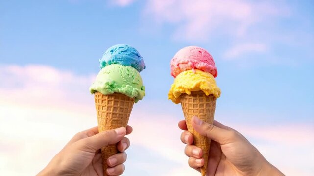 Colorful ice cream cones held against a vibrant blue summer sky