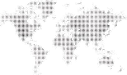 Stylized halftone dotted world map silhouette showing continents and landmasses, minimalist abstract global geography design, modern educational illustration artwork © Ashik World