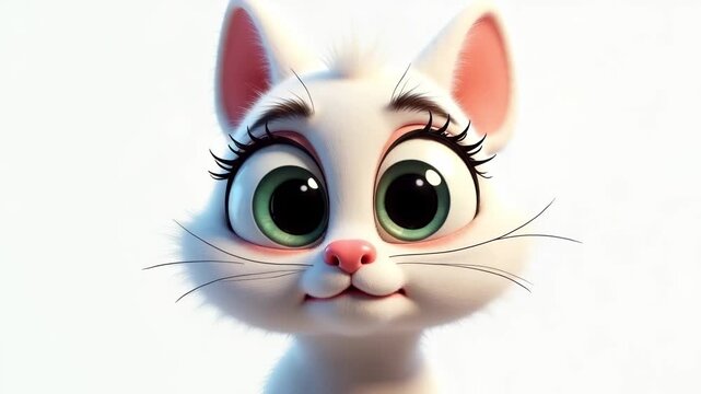 cute animated kitten with large expressive eyes and a cheerful expression. cartoon characters. charming animated cat with big eyes and a sweet smile blinks his eyes. on white background