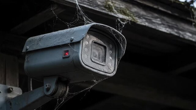 Old security camera with cobwebs on a weathered building, surveillance concept.