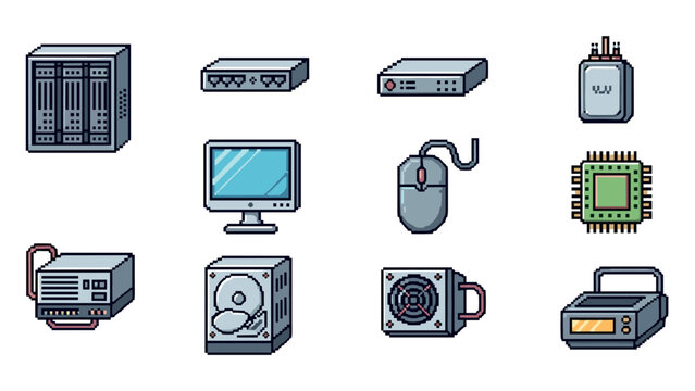 pixel art computer hardware icons set in retro style including monitor mouse cpu and hard drive