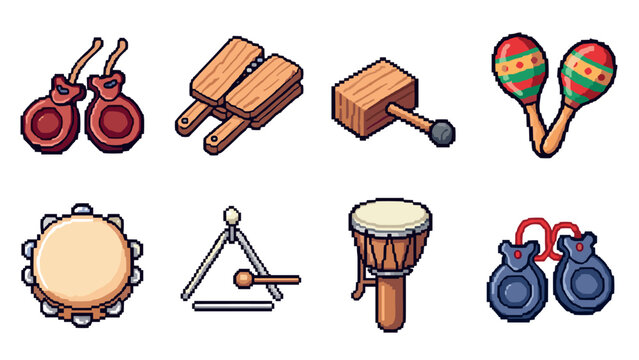 pixel art collection of eight hand drawn traditional percussion musical instruments isolated on white