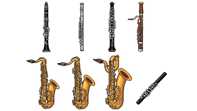 set of hand drawn classical woodwind musical instruments including clarinet flute oboe bassoon alto tenor and baritone saxophones