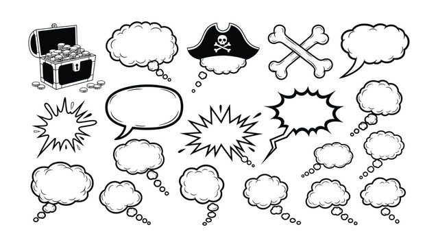 Comic Speech Bubbles and Pirate Symbols: A collection of various comic speech bubbles and iconic pirate symbols, ready for creative storytelling, each element is a portal to imagination.