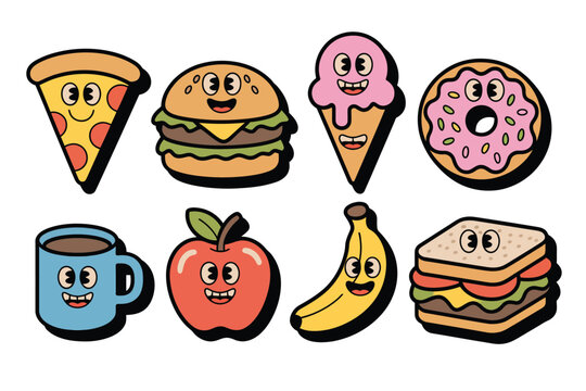 A colorful cartoon illustration of food icons with smiling faces