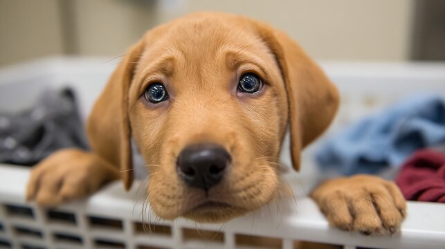 A charming small dog with soulful ocean eyes inquisitively watches from its secure household perch