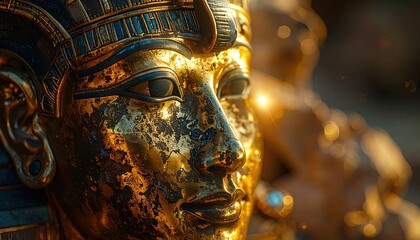 Naklejka premium Close-up of a golden pharaoh's mask, richly detailed and ancient
