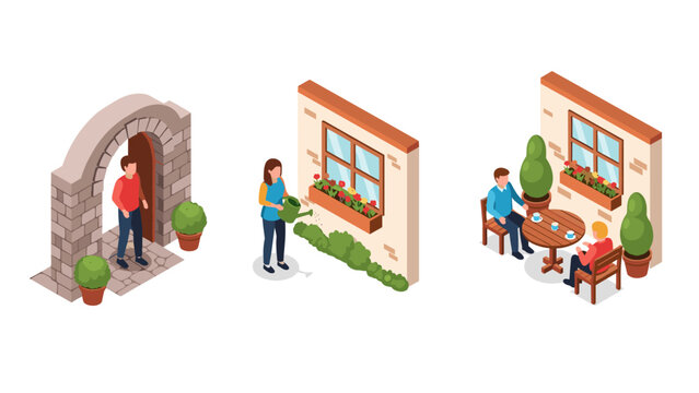 isometric people entering a garden watering plants and having coffee in outdoor patio set in flat style