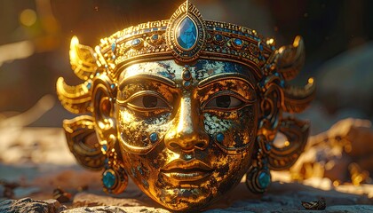 Obraz premium Detailed golden mask with blue gems on a stone surface, sun-drenched and ornate