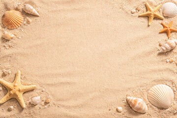 Summer Beach Sand Background With Seashells And Starfish Frame