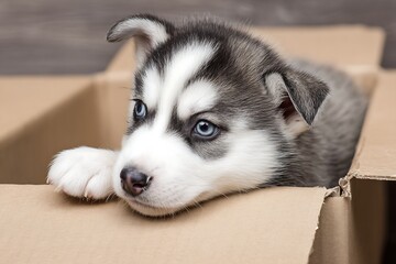 Fototapeta premium Adorable husky puppy with captivating blue eyes peeking curiously from inside a plain cardboard box
