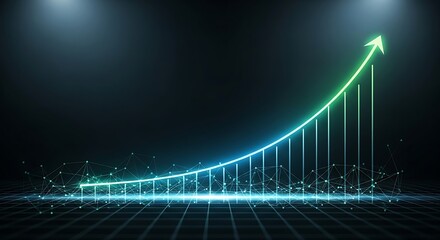 Rising green digital growth arrow with glowing light particles for successful banking investment and market analytics