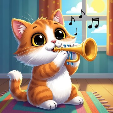 Cartoon cat playing a trumpet musically.