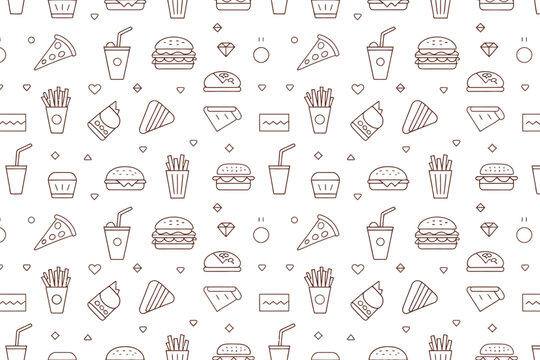 A seamless pattern of fast food icons in a minimalist line style