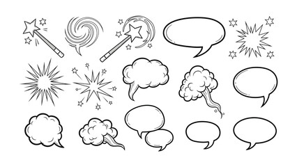 Speech Bubble and Magic Elements: A collection of hand-drawn speech bubbles, magic wands, and explosion shapes, perfect for comic book art and graphic design projects. © Abu