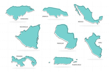 Fototapeta premium set of line country and shadow in The Americas includes honduras, jamaica, mexico, nicaragua, paraguay, peru, panama and puerto rico