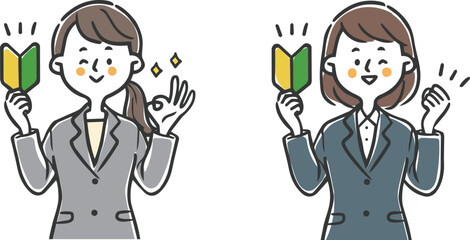 初心者マークを持つ女性会社員　上半身　ベクター