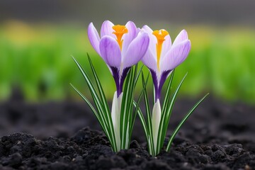 Two vibrant purple crocus flowers emerging from dark brown soil with bright green leaves and a blurred green background, symbolizing new beginnings and the arrival of spring