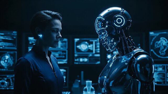 Woman and android face to face in futuristic interior
