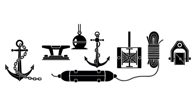 set of black silhouette marine anchors and nautical rope equipment hand drawn icons