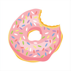 Obraz premium Flat vector illustration of bitten pink strawberry glazed donut with sprinkles and crumbs, cute dessert with bite mark isolated on white background for menu and food blog design.