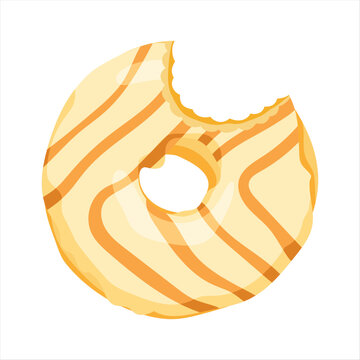 Flat vector illustration of bitten vanilla glazed donut, cute dessert with bite mark isolated on white background for menu and food blog design.