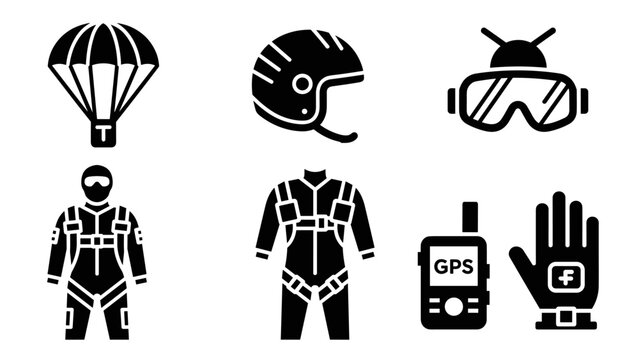 set of skydiving equipment and safety gear icons in black silhouette style
