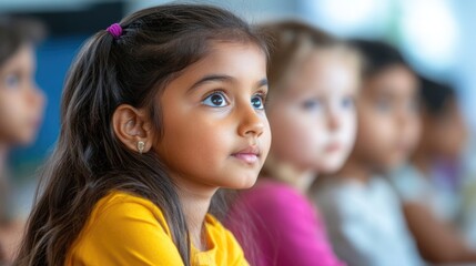 Obraz premium Young girl paying close attention to the teacher during a lesson, sitting with classmates in a learning environment