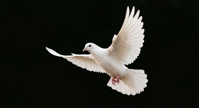 A white dove in flight, soaring with outstretched wings against a dark background, captured from a straightforward viewpoint.