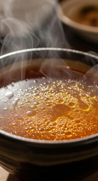 Hot savory broth with shimmering fat droplets and rising steam is served in a dark ceramic bowl for a warming meal.