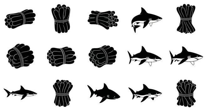 Black silhouettes of bundled goods and sharks on white background for business and danger concepts