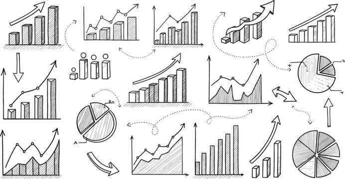 Hand drawn business finance charts and data analysis graphs vector set featuring bar charts, pie charts, and growth arrows for infographic presentations.