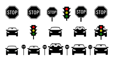 Road traffic signs and cars icons set stop signs traffic lights transportation symbols © Pabitra