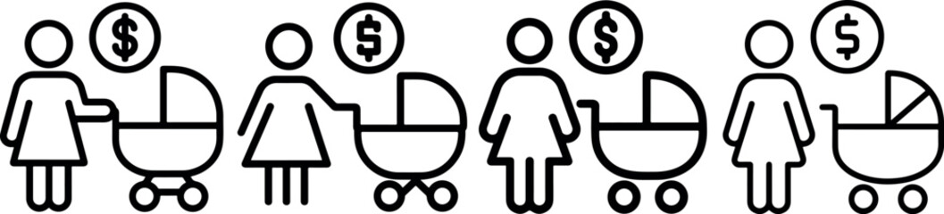 Nanny service icon set showing professional female babysitter pushing stroller with money symbol representing child care costs and paid parenting support