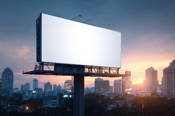 Fototapeta premium Giant Blank Billboard Stands Tall Over a Bustling Cityscape at Sunset With Vibrant Colors in the Background