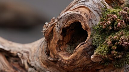 Detailed Close Up of Weathered Wood Knot with Moss Growing on the Side in a Neutral Background