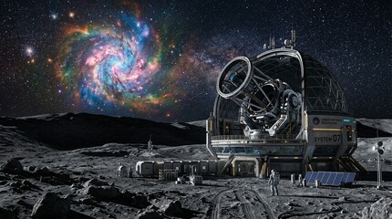 Lunar Base Amidst Galaxy Nebulae, Space Exploration and Scientific Discovery