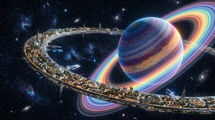 Fantastic Interstellar Space Station Orbiting a Planet with Rainbow Rings 