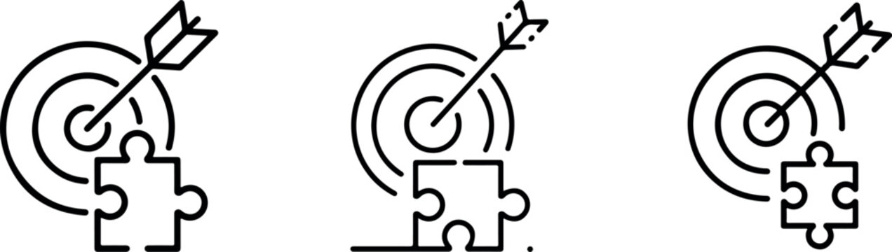Target with arrow and puzzle piece icon representing strategic solution and finding right fit to achieve business goals and marketing objectives fast