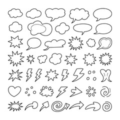 Obraz premium Communication and Expression: A captivating collection of hand-drawn thought bubbles, speech balloons, stars, lightning bolts, and other graphic elements, perfect for conveying thoughts and ideas.