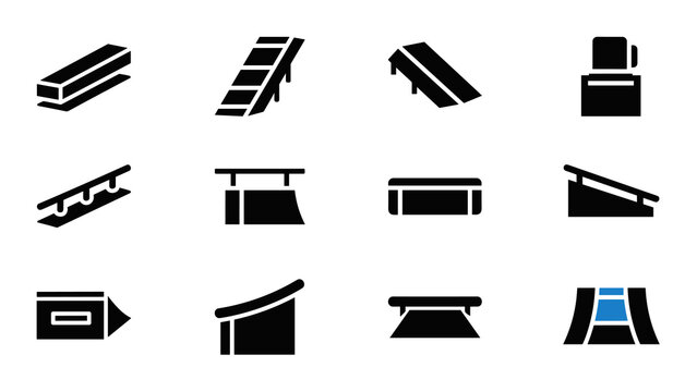 black and white skate park obstacles icon set hand drawn style with ramp grind rail and ledge elements