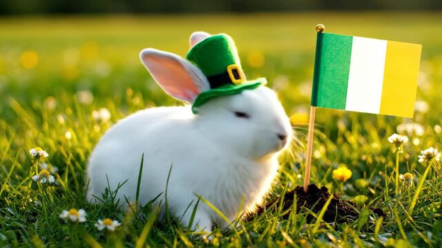 Cute white rabbit with leprechaun hat and Irish flag